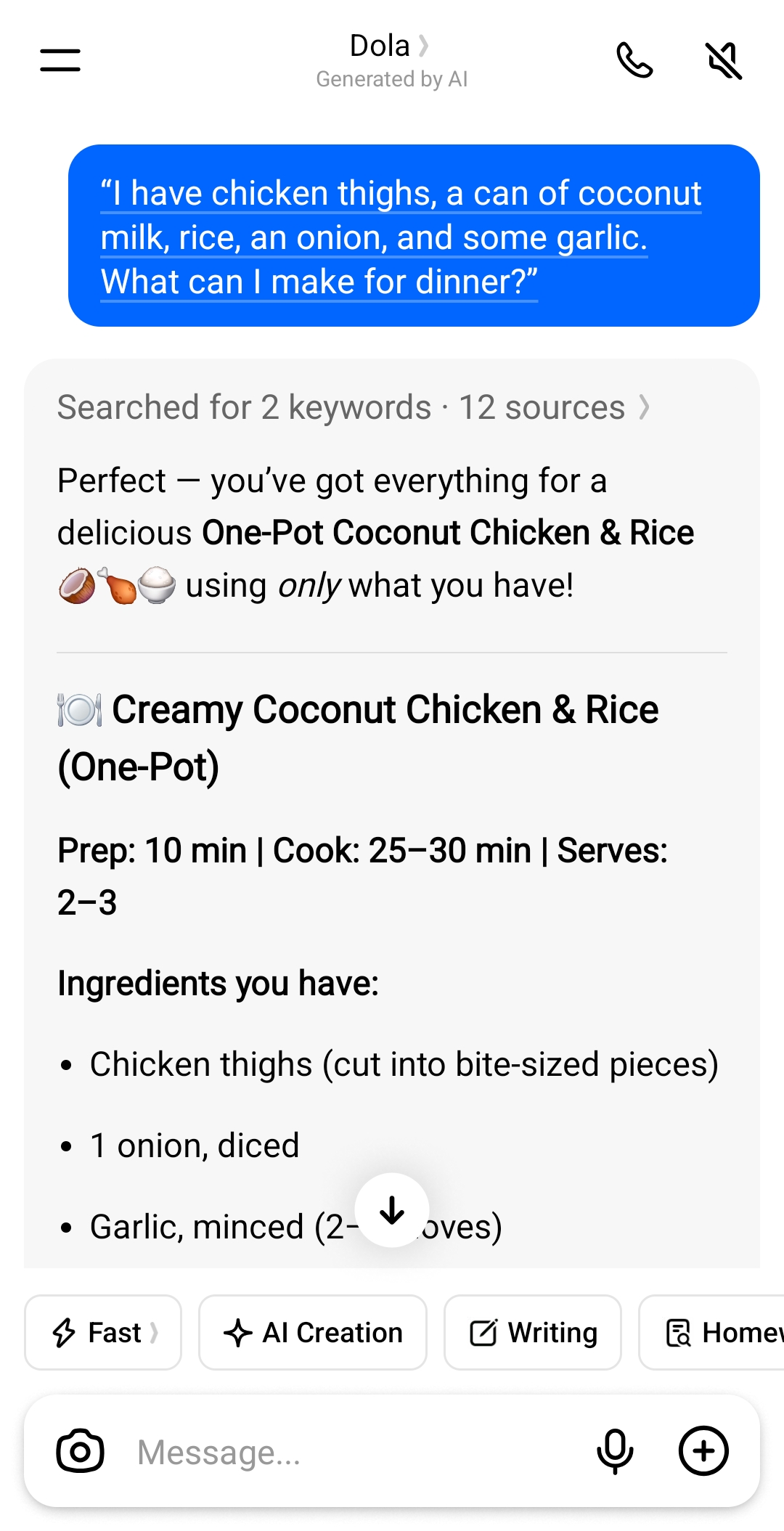 The Dola app answering the dinner question with a one-pot coconut chicken and rice recipe, after searching twelve sources