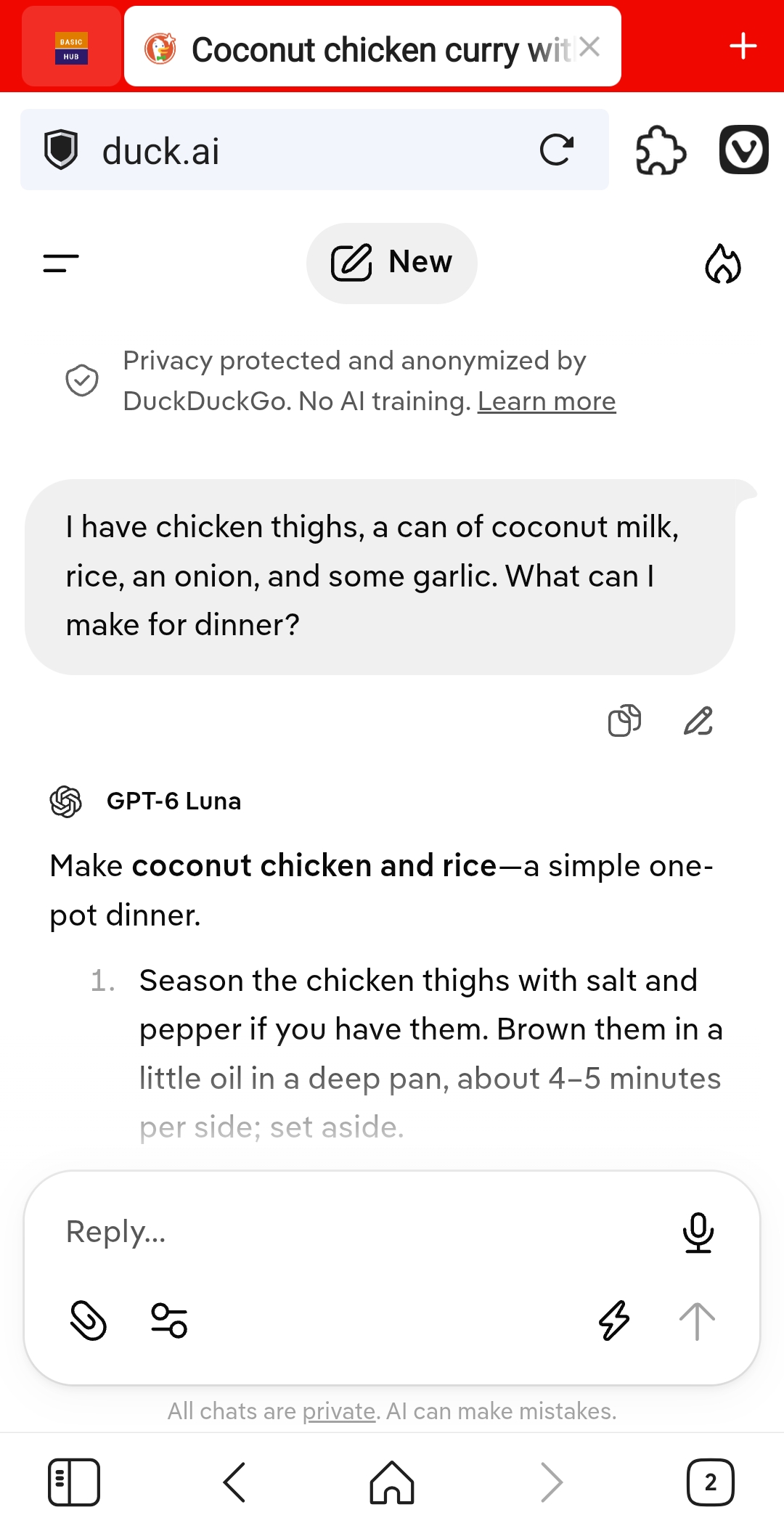 DuckDuckGo's AI answering the same dinner prompt with GPT-6 Luna, under a banner reading Privacy protected and anonymized by DuckDuckGo