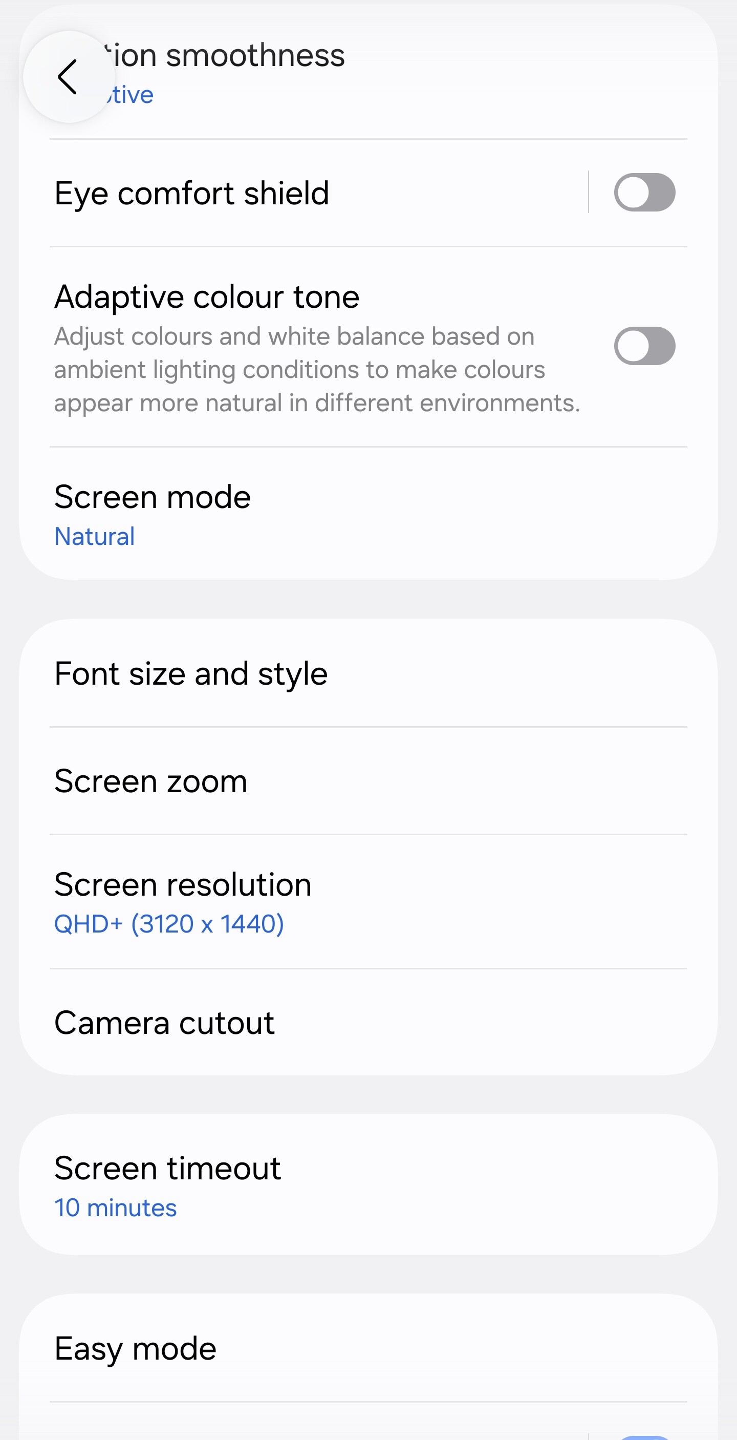 The Display settings screen on a Samsung phone, showing Eye comfort shield, Adaptive color tone, Screen mode, and a group containing Font size and style, Screen zoom, Screen resolution and Camera cutout