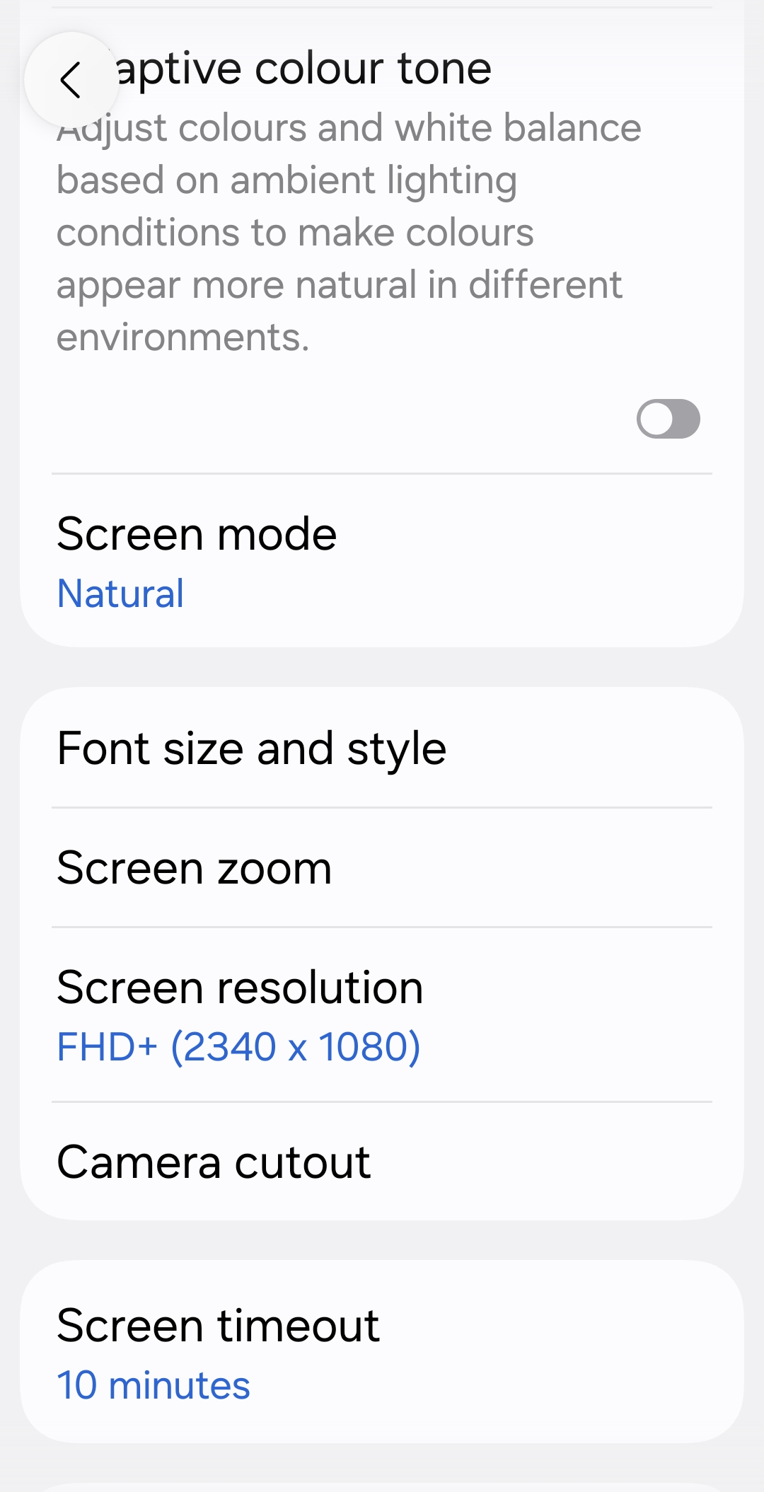 The Display settings screen showing Font size and style, Screen zoom, Screen resolution, Camera cutout and Screen timeout