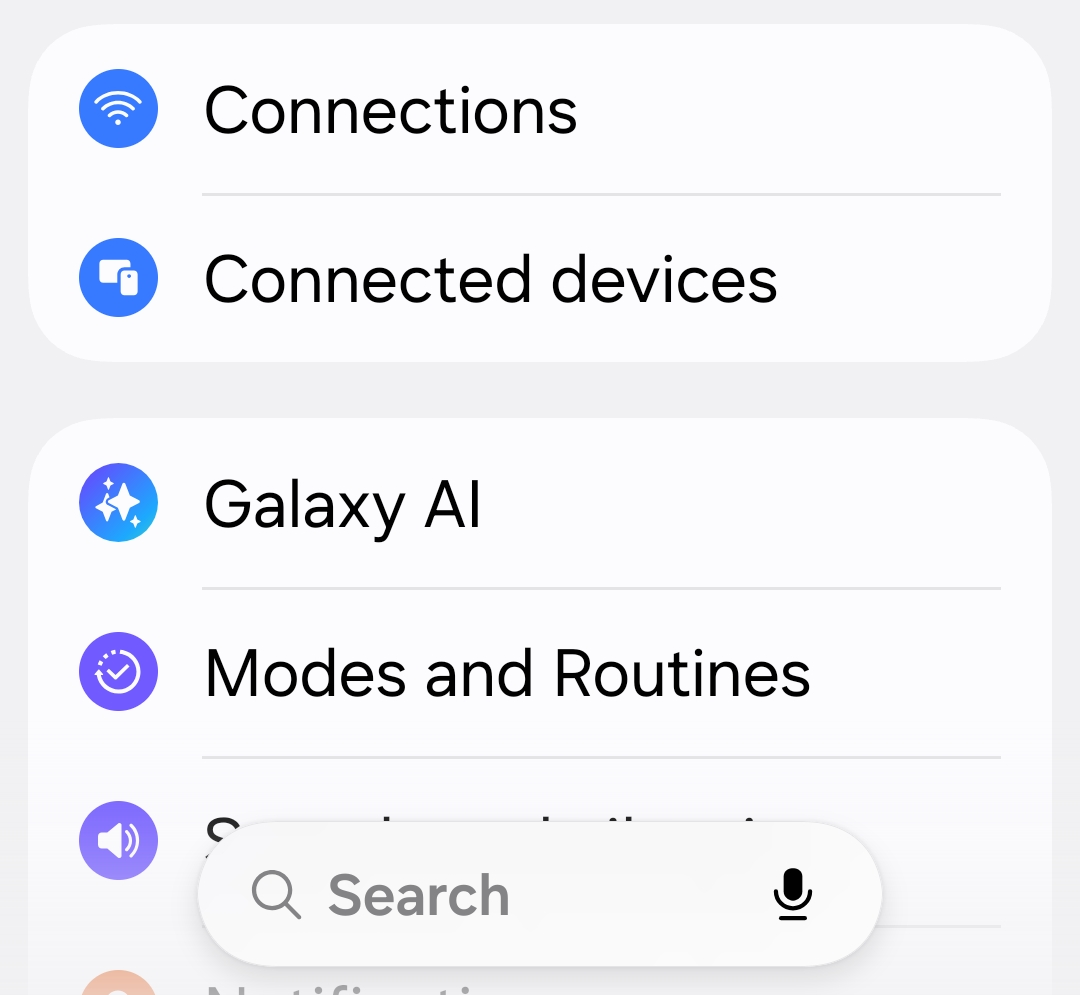 The Settings screen on a Samsung phone, showing Connections, Connected devices, Galaxy AI and Modes and Routines