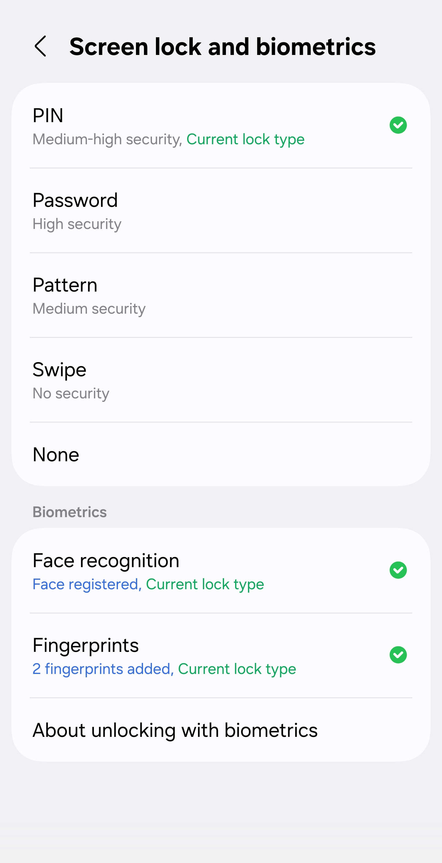 The Screen lock and biometrics screen on a Samsung phone, listing PIN, Password, Pattern, Swipe and None, with PIN marked as the current lock type, followed by a Biometrics section showing Face recognition and Fingerprints both registered