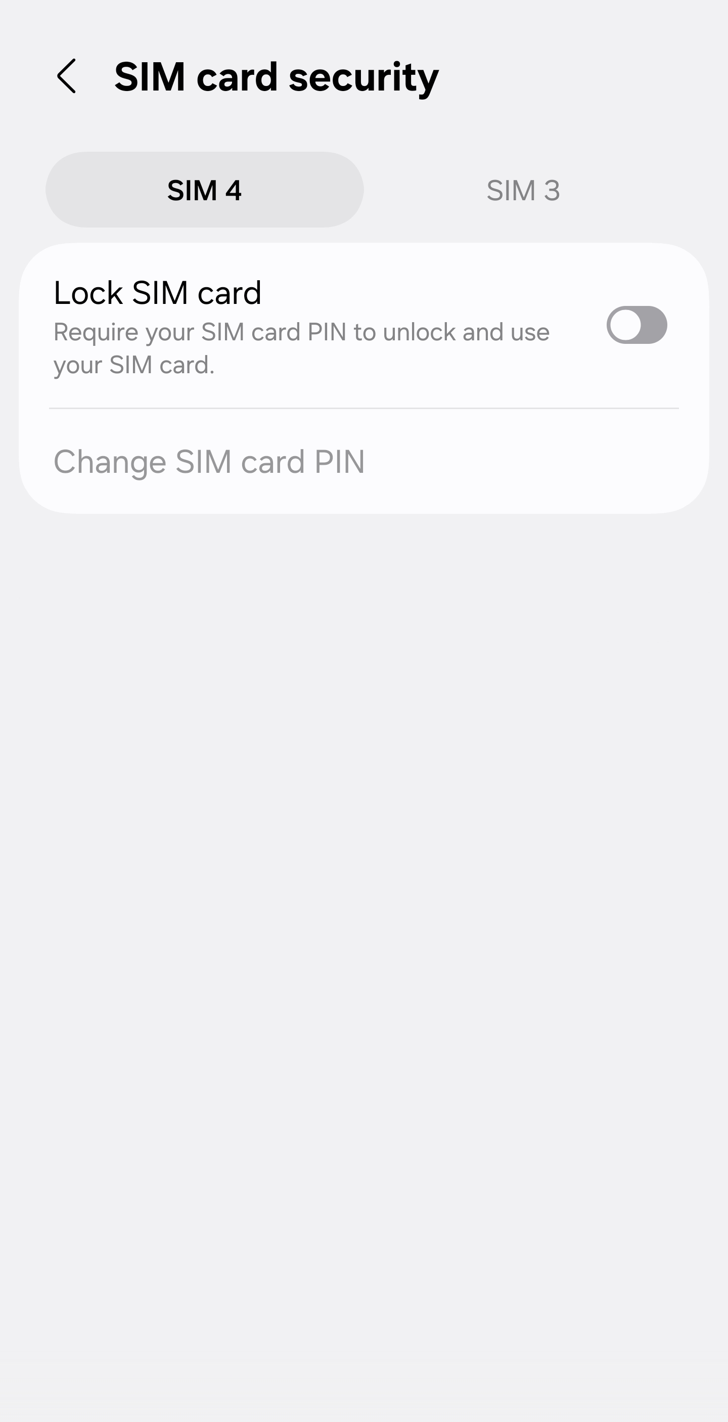 The SIM card security screen on a Samsung phone, with tabs for two SIMs, a Lock SIM card switch in the off position, and a grayed out Change SIM card PIN row below it