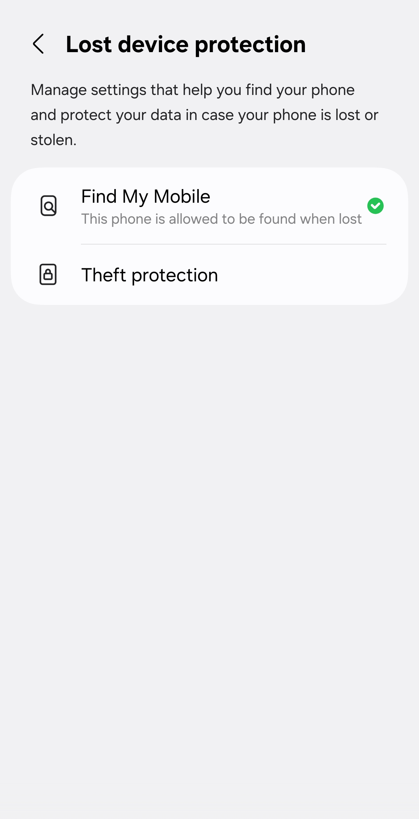 The Lost device protection screen on a Samsung phone, showing a Find My Mobile row reading that the phone is allowed to be found when lost with a green tick, and a Theft protection row below it