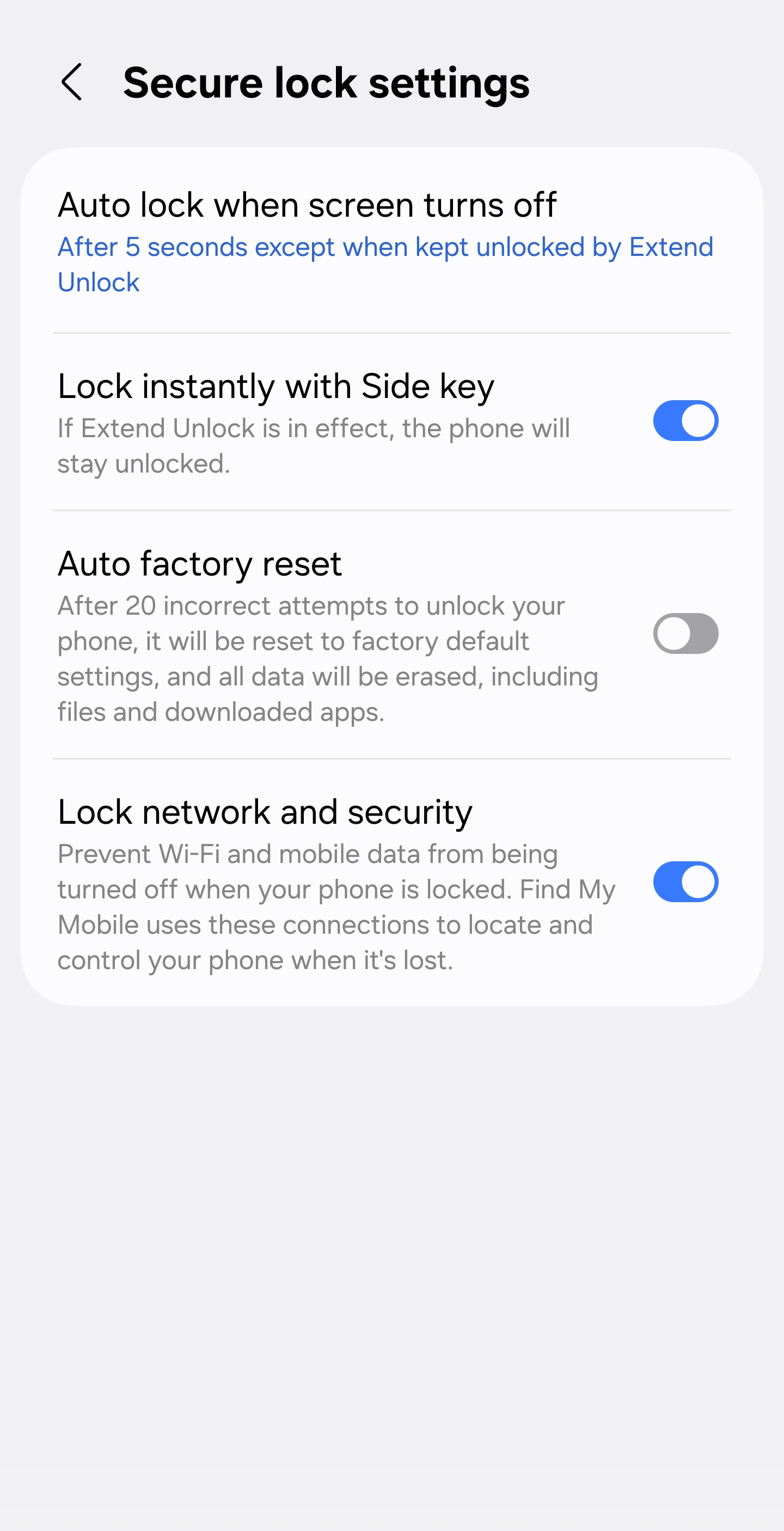 The Secure lock settings screen on a Samsung phone, showing Auto lock when screen turns off set to after 5 seconds, Lock instantly with Side key switched on, Auto factory reset switched off after 20 attempts, and Lock network and security switched on