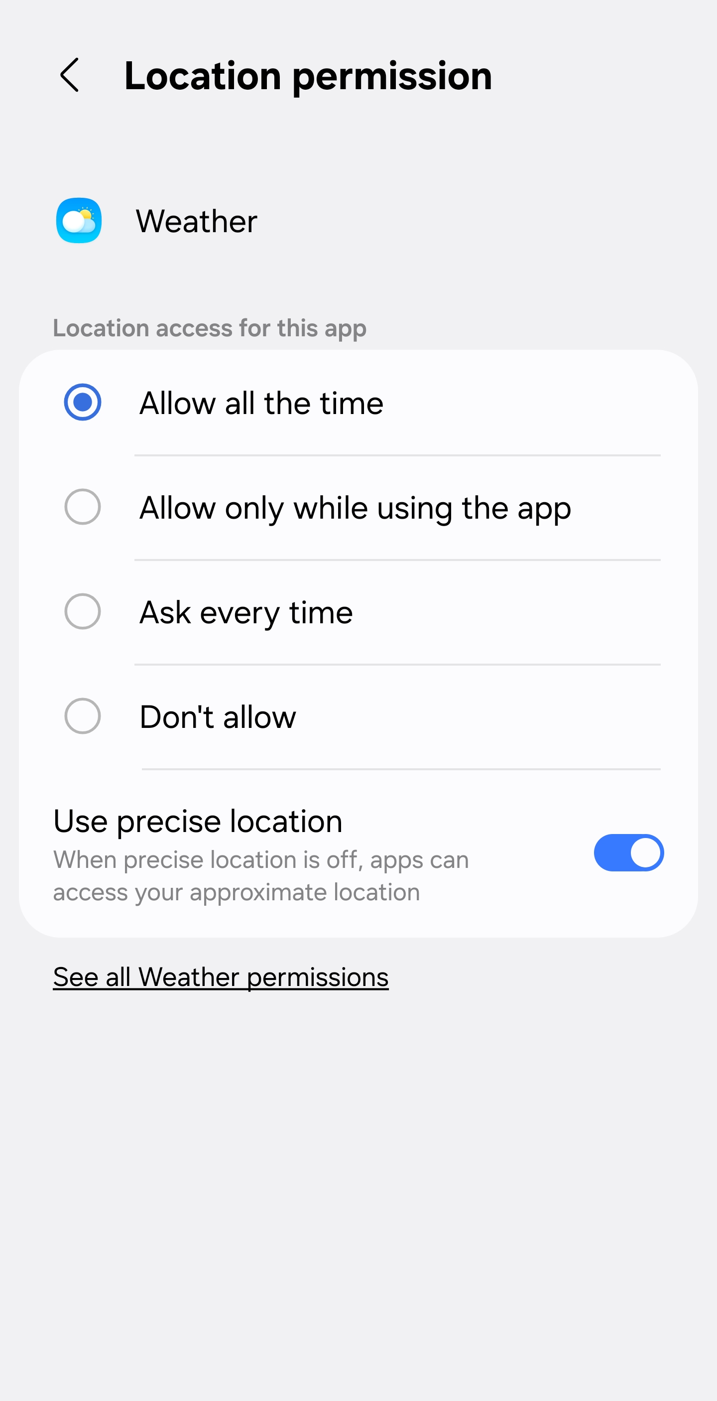 The Location permission screen for a single app on a Samsung phone, showing the four options with Allow all the time selected, and a Use precise location switch switched on
