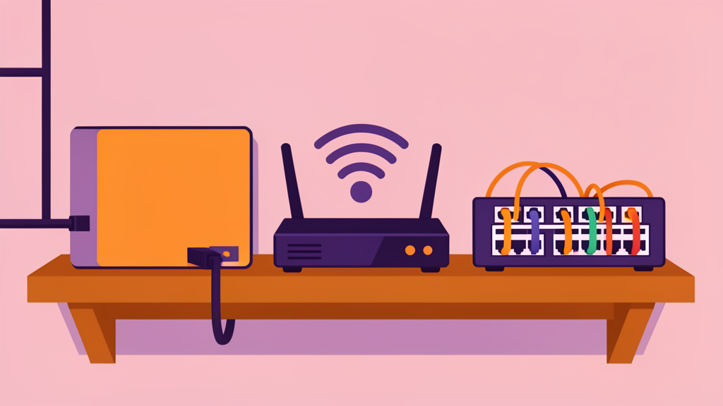 Three boxes on a shelf: a modem (left), a router (centre with antennas), and a switch (right with many cables)