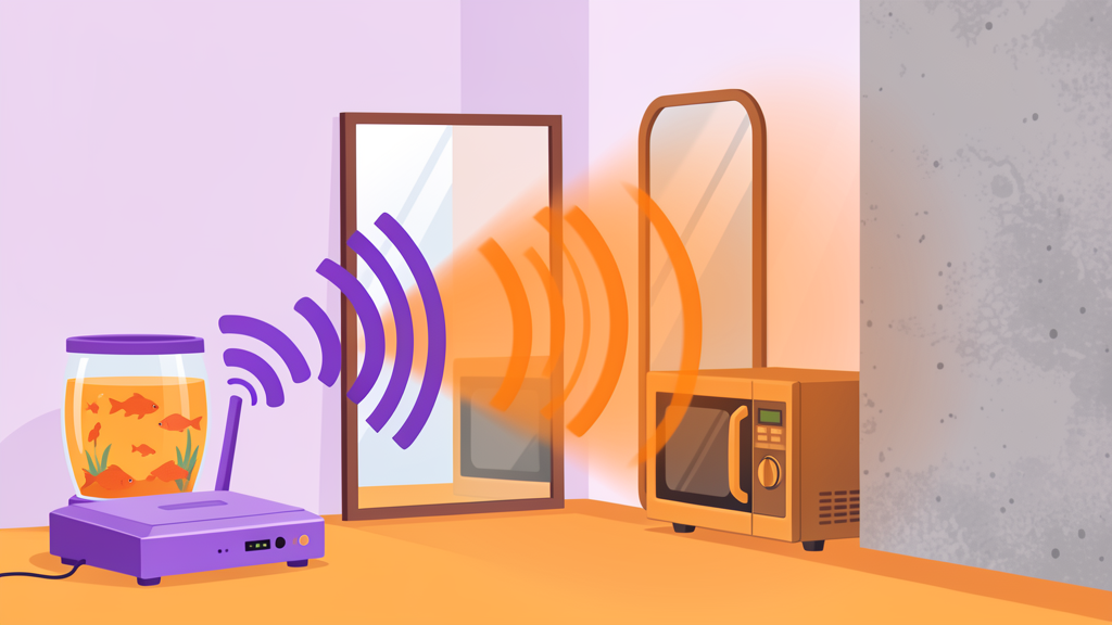 Wi-Fi signal blocked by a fish tank, a mirror, a microwave, and a concrete wall