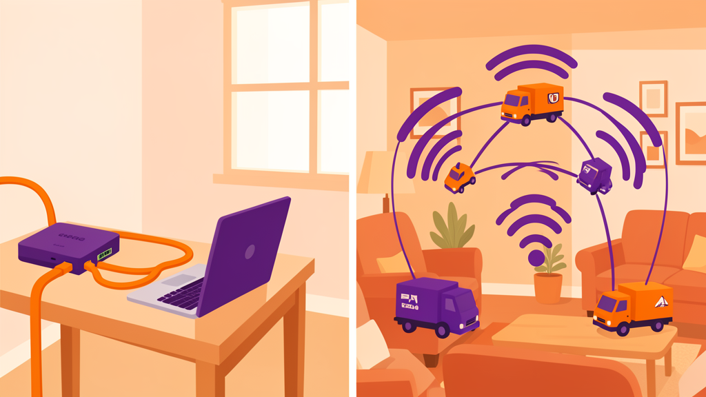 Wired Ethernet (left) is a direct cable to your laptop - fast and reliable. Mesh Wi-Fi (right) uses nodes working together like delivery vans.
